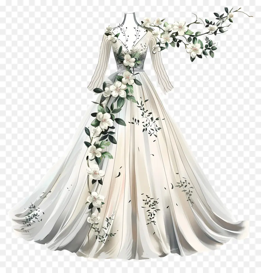 váy cưới aline váy cưới trắng váy cưới hoa dài tay áo cưới váy cưới - Váy cưới màu trắng thanh lịch với trang sức hoa