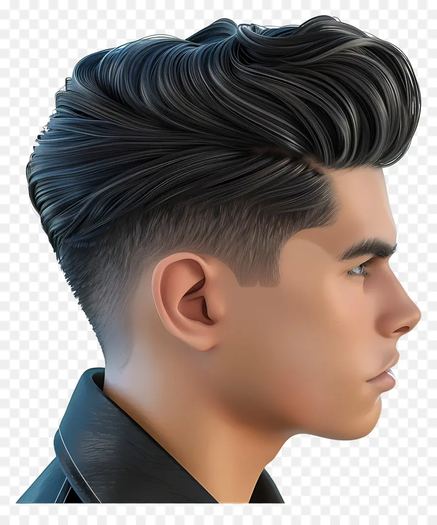 Mid Fade Haircut 3D Modellierung rasierter Kopf lockiger Frisur Lederjacke - Computergenerierter Mann im stilvollen Outfit mit selbstbewusster Ausdruck
