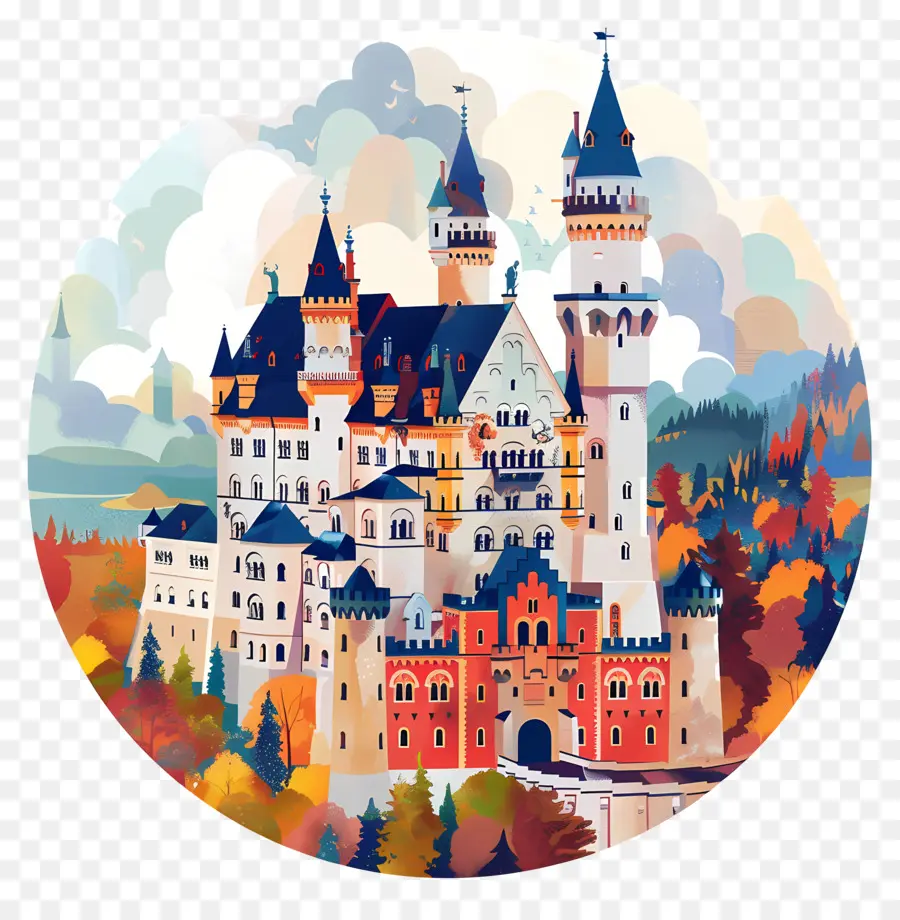 Orange - Schloss in Wäldern mit Herbstfarben