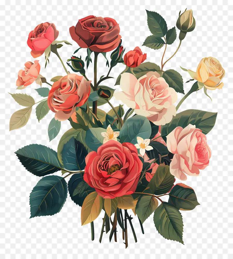 Juliet Rose Vintage Bouquet of Roses hồng và hoa hồng đỏ và hoa hồng vàng - Bức tranh cổ điển của hoa hồng màu hồng và đỏ