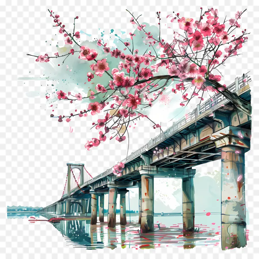 Kirschblüte - Aquarellmalerei der Brücke mit Kirschblüten