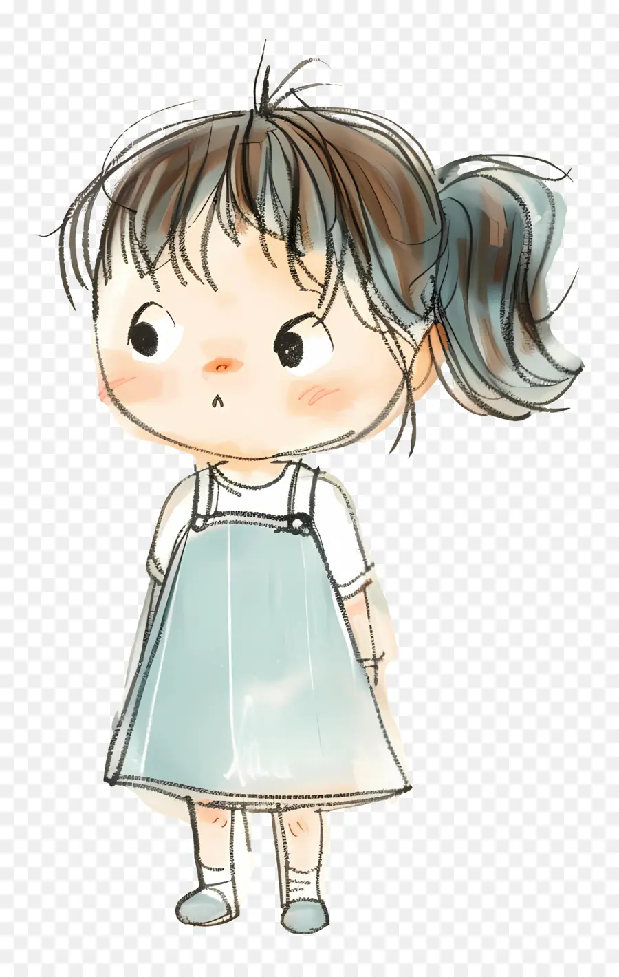Bambino Student Cartoon GIGNO GIRL BLU ASSEGGIO BLACI - Giovane ragazza in abito blu con in mano oggetto