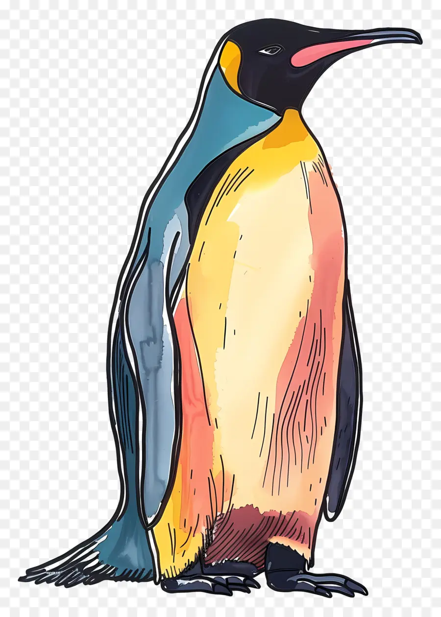 Penguin pinguino colorato di imperatore in piedi su gambe posteriori bandana rossa a becco lungo - Pinguino colorato con bandana in piedi