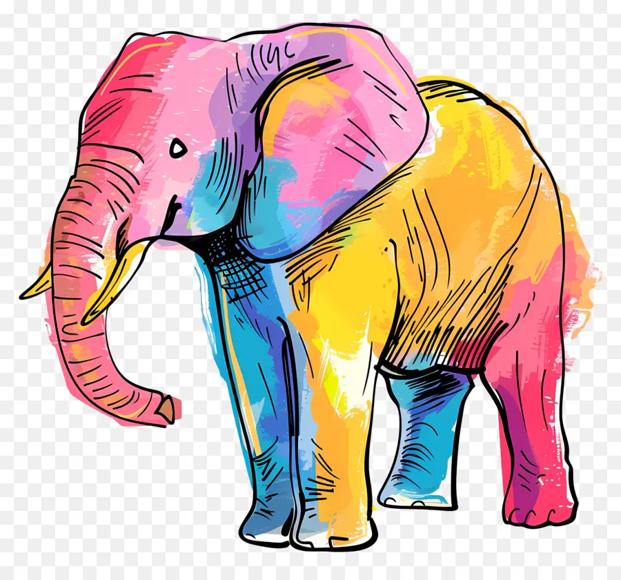 Elefante cartone animato Elefante colorato opere d'arte vibranti animali felici grandi zanne grandi - Elefante colorato e vibrante in piedi su due gambe