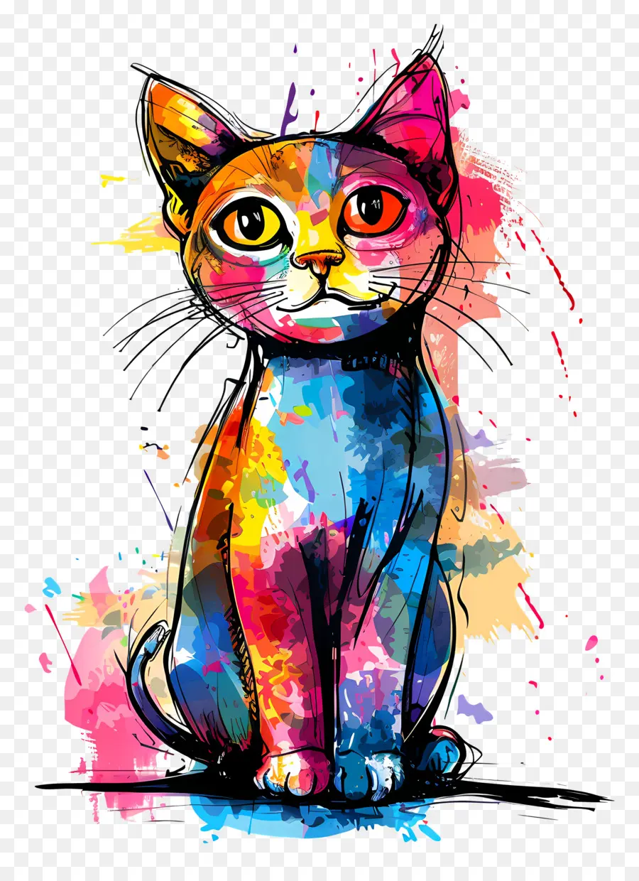 cartoon Katze - Farbenfrohe Katze im Aquarellstil -Malerei im Aquarellstil