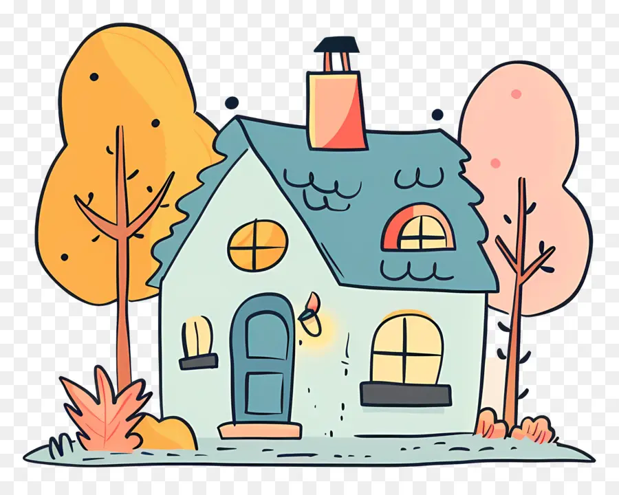 lá mùa thu - Ngôi nhà nhỏ với cây mùa thu, bầu trời xanh