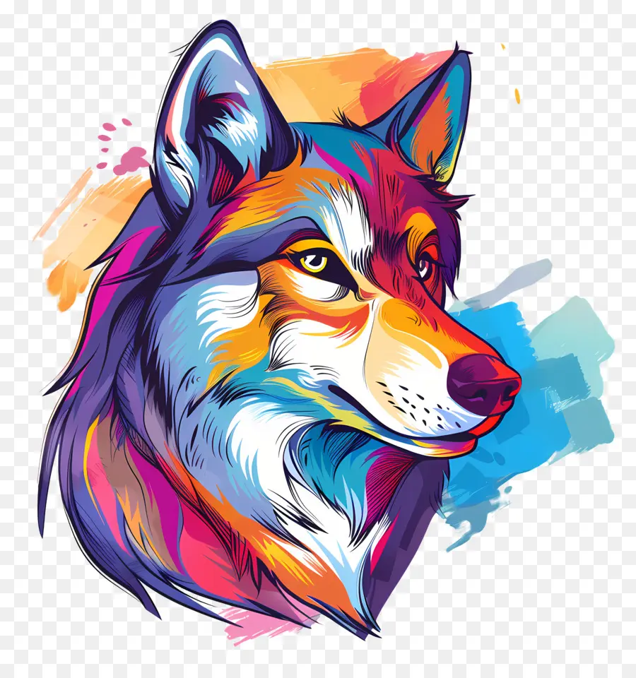 lupo lupo dipingere colori vivaci Rappresentazione realistica arte selvatica - Ritratto di lupo colorato realistico