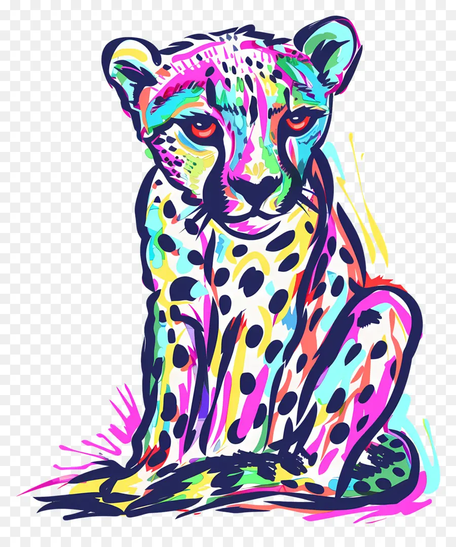 Cheetah Neon Cheetah Regenbogenfarben farbenfrohe Tiertierkunst - Buntes Neon -Geparden ruht auf schwarzem Boden