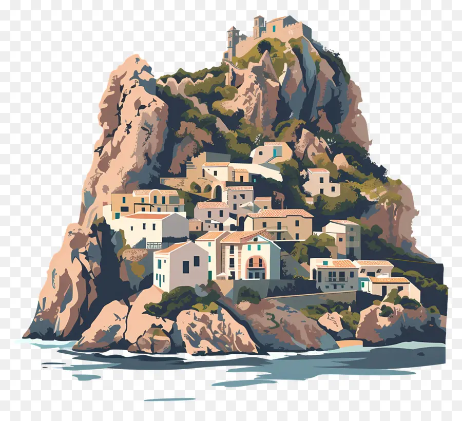 Isola Sicilia Coastal Town Cliffside Village Ocean View Edifici in pietra - Pittoresco, città di pietra sulla scogliera da oceano