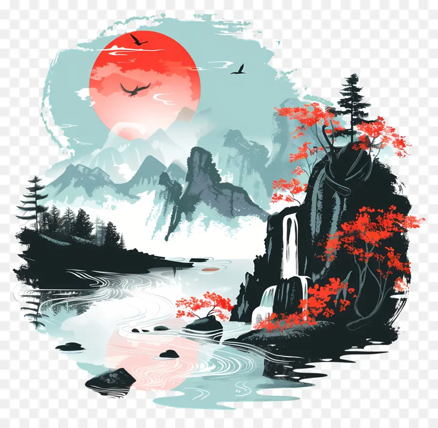 Trung Quốc, bức tranh Núi Núi Núi Sông - Núi, sông, hoàng hôn, cây cối, chim, vẽ tranh, ấn tượng
