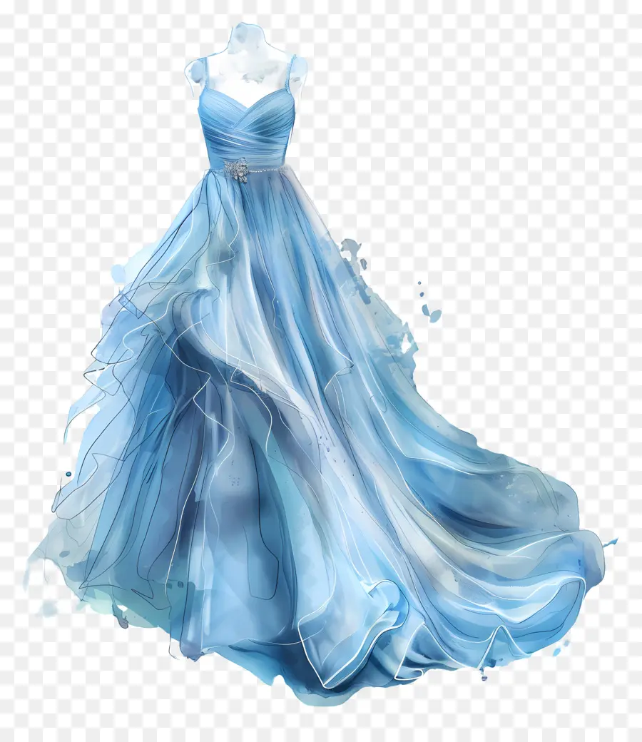 blue wedding dress blue ball gown watercolor painting old-fashioned wedding gown strapless bodice