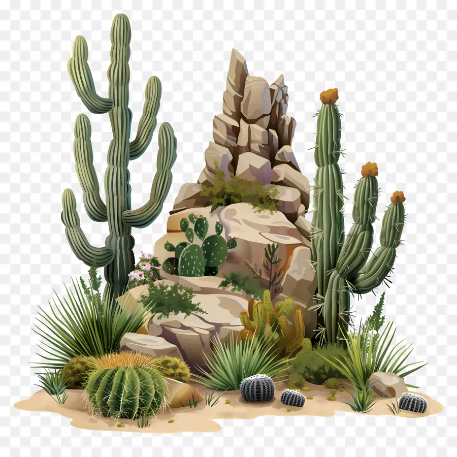 Wüstenvegetation Wüstenlandschaft Kaktuspflanzen Felsenformationen Natur Schönheit - Wüstenlandschaft mit Kaktuspflanzen und Felsen