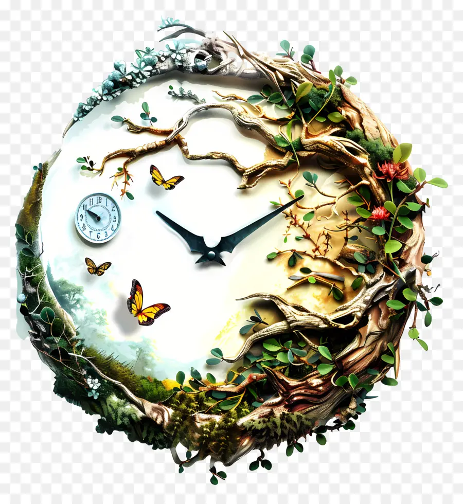 Clock Nature Nature Orologio orologio orologio foglia - Orologio fatto di alberi e foglie. 
Farfalle, stagno