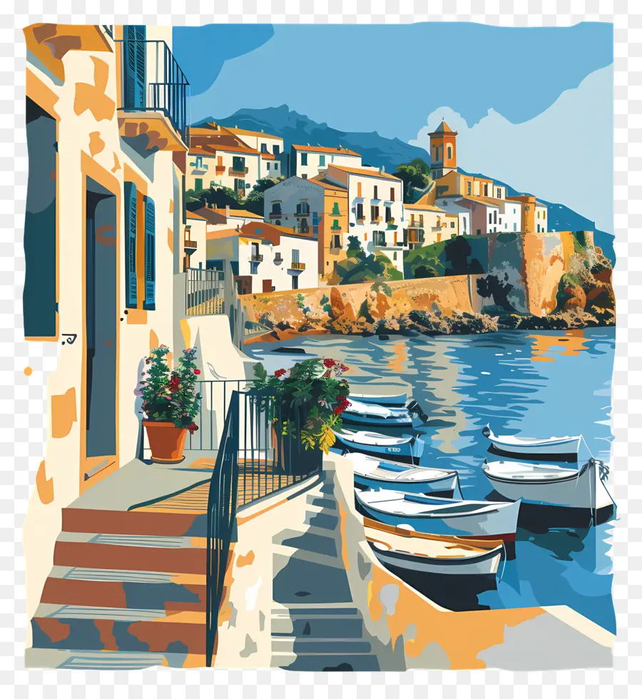 Cefalu Sicilia Mediterraneo Vista panoramica Pier Case bianche - Shore mediterranea panoramica con barche ancorate