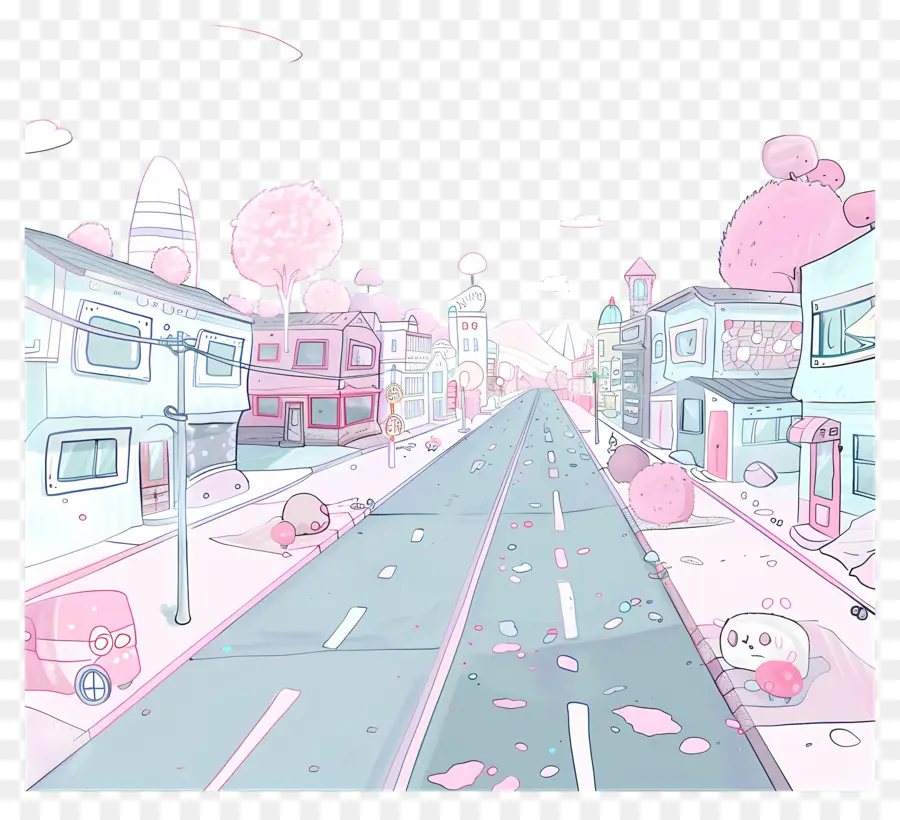 road 3d cityscape low poly pink and white small houses