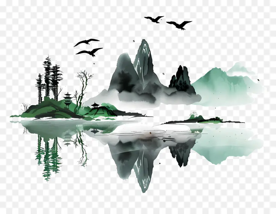 China Nature Mountain Landschaft Naturlandschaft Lake Reflexion - Berglandschaft mit See, Bäumen, Wolken, Sternen