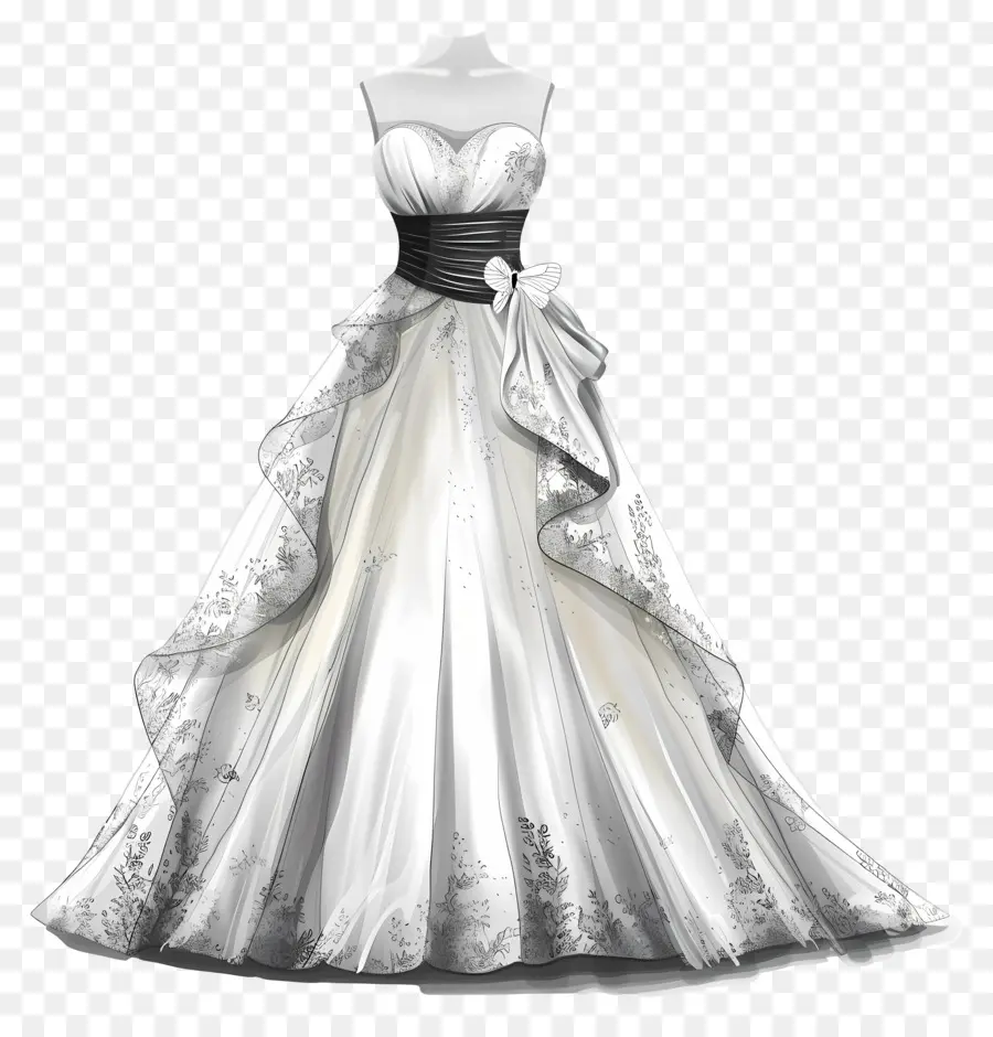 brautkleid - Weißes Spitzen -Hochzeitskleid mit schwarzem Schärpe