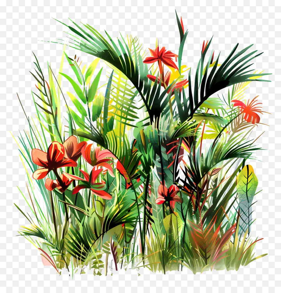 Tropenvegetation Dschungel Landschaft Pflanze Arten Palmen Bambus - Bunte Dschungellandschaft mit üppigen Pflanzenarten