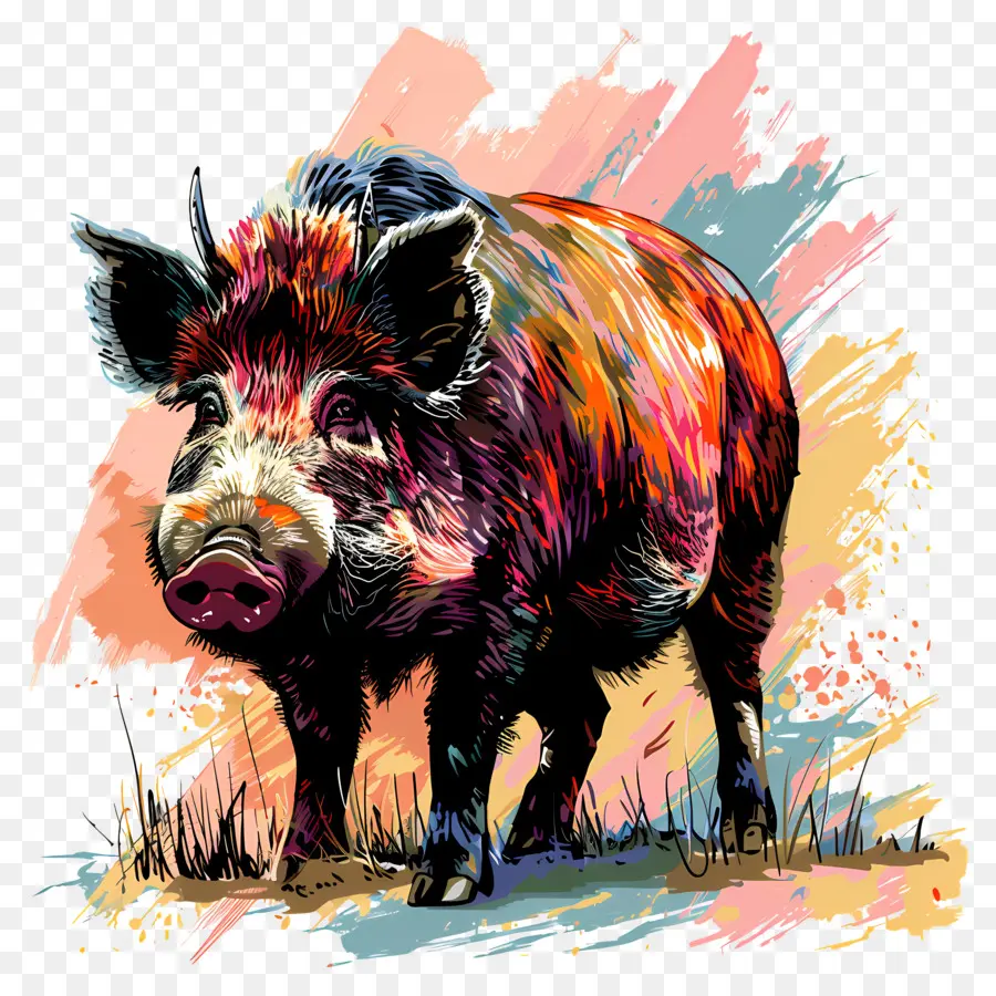 Wildschwein digitales Gemälde Schwein farbenfroher schwarzer Hintergrund - Buntes digitales Gemälde des ausdrucksstarken Schweins