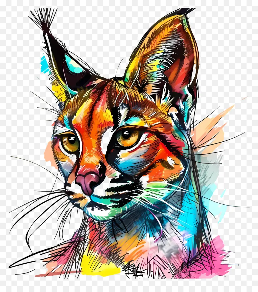 caracal watercolor painting cat bright colors serious expression