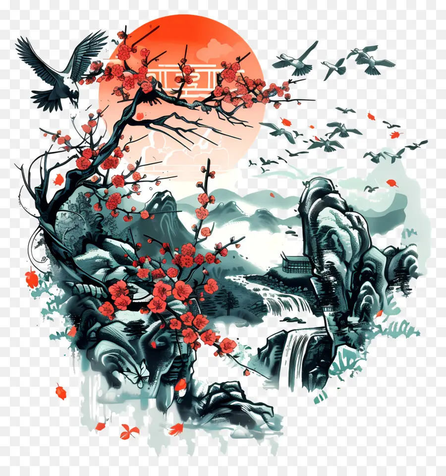 Vollmond - Nachthimmel mit Mond, Vögeln, Fluss, Baum