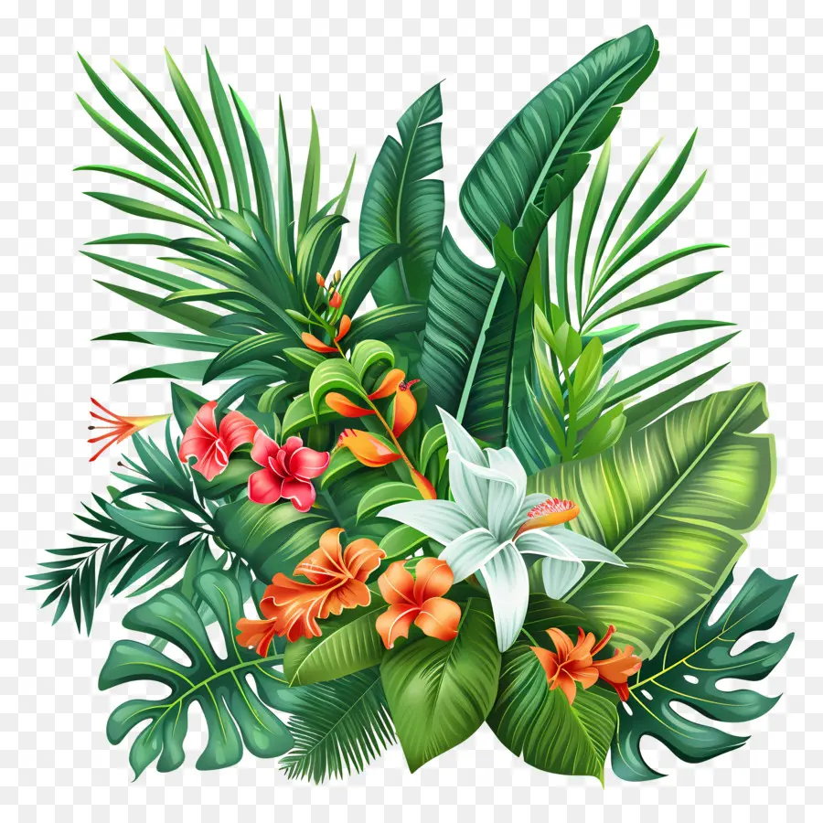 Tropische Vegetation Tropische Dschungelpflanzenblätter Blumen Blumen - Symmetrischer tropischer Dschungel mit farbenfrohen Pflanzen