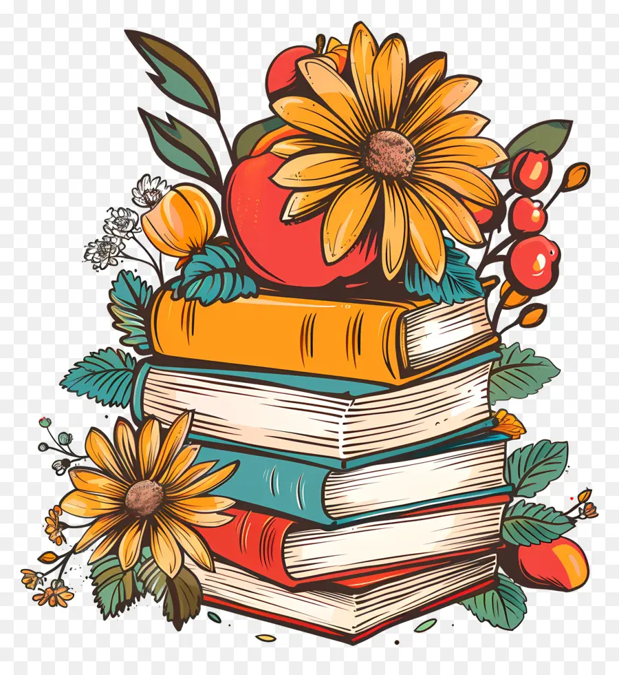 pila di libri - Pila colorata di libri con fiori