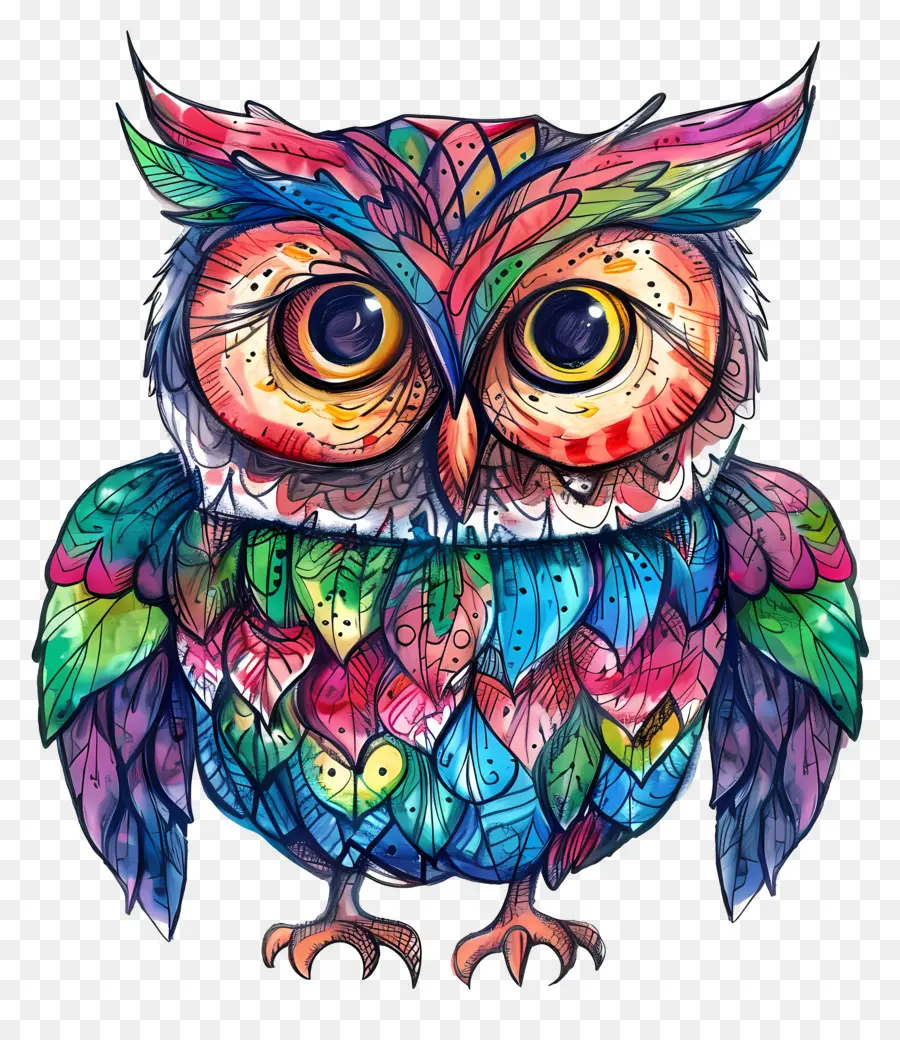 Owl kỹ thuật số vẽ màu sắc tươi sáng hoa văn phức tạp - Bức tranh cú sôi động với các mẫu phức tạp
