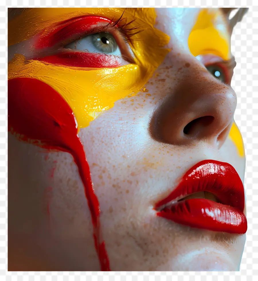 Gesichtsseitenansicht Körpermalerei künstlerische Make -up -Gesichtsmalerei farbenfrohes Design - Frau mit farbenfrohem bemaltem Gesicht erscheint entspannt gelächelt