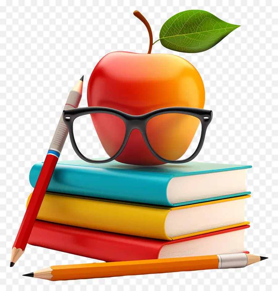 Brille - Gestapelte Bücher mit Bleistift, Brille, Apfel