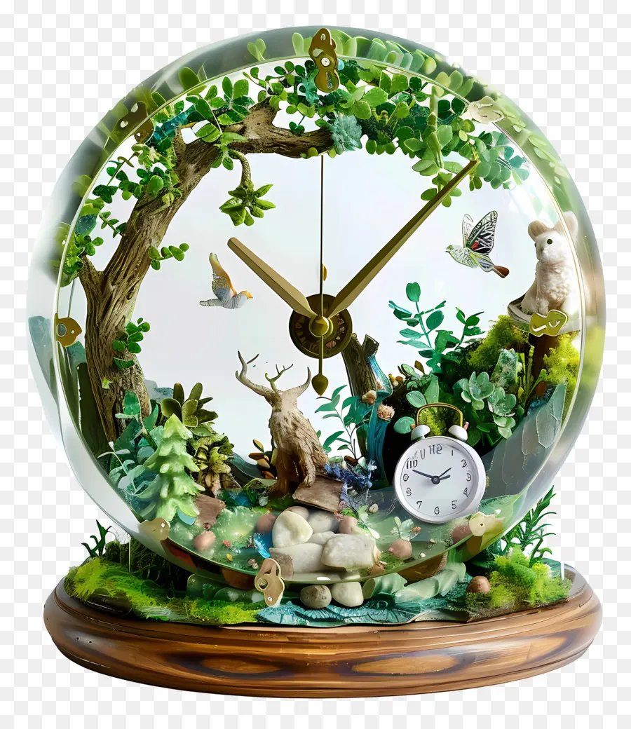 clock nature wooden clock glass dome miniature forest scene