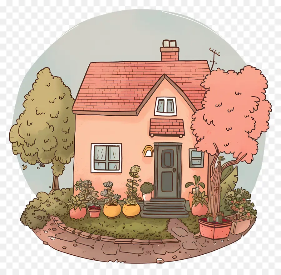 home small house tree front yard potted plants