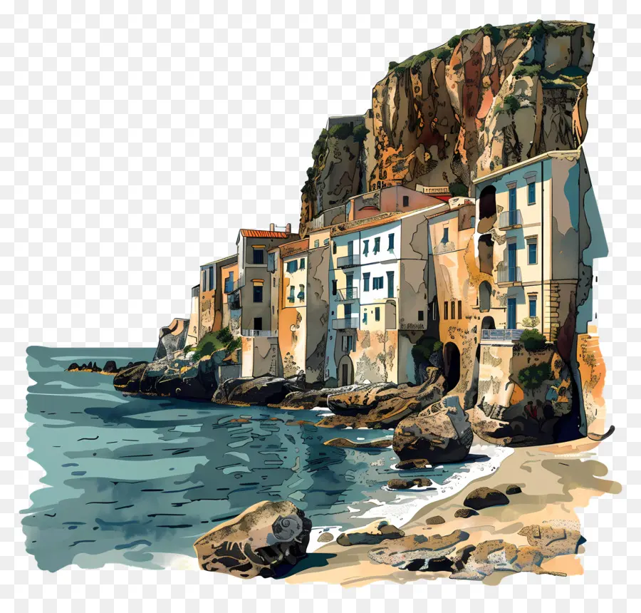Cefalu Sicilia Cliffside Village Vista scenico della costa rocciosa. - Pittoresco Cliffside Village con mix di edifici vecchi/moderni