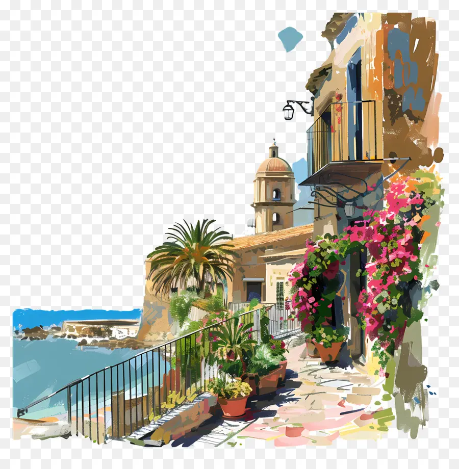 cây cọ - Hoàng hôn bờ biển Địa Trung Hải với cây cọ