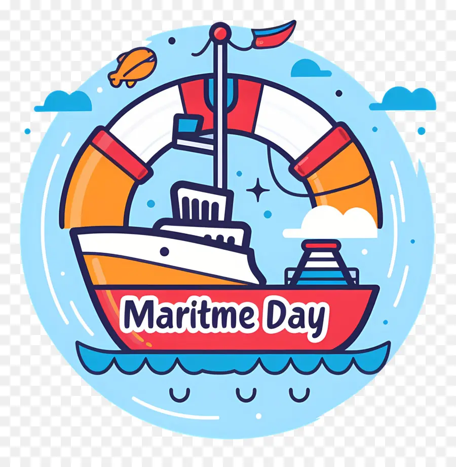 maritime Tag Rot und weiße Bootswolken wellen friedliche Atmosphäre - Rundes Banner mit Boot in friedlichen Meer