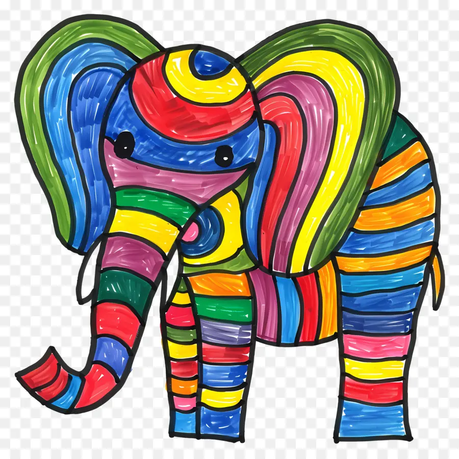 elefante - Elefante a strisce colorate Disegno su sfondo nero