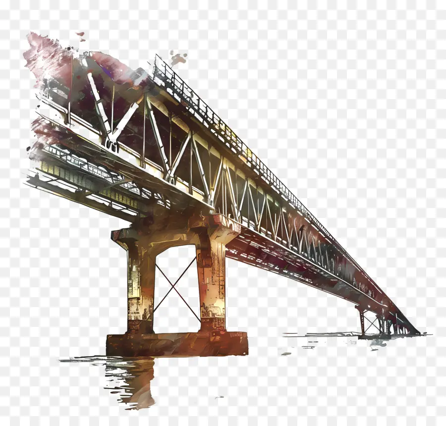 abstrakte Gestaltung - Farbenfrohe moderne Brücke über Fluss, dramatische Beleuchtung