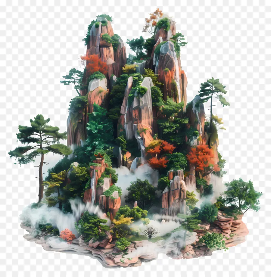 China Nature Mountain Landscape Oriental Design Atmosfera serena - Villaggio orientale sereno con paesaggio delle montagne in legno