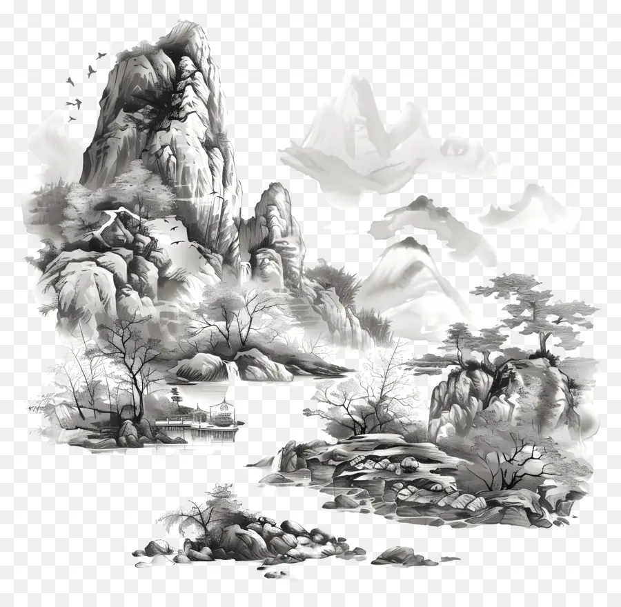 China Nature Mountain Range Bäume Wolken - Detaillierte Schwarz -Weiß -Berglandschaftszeichnung