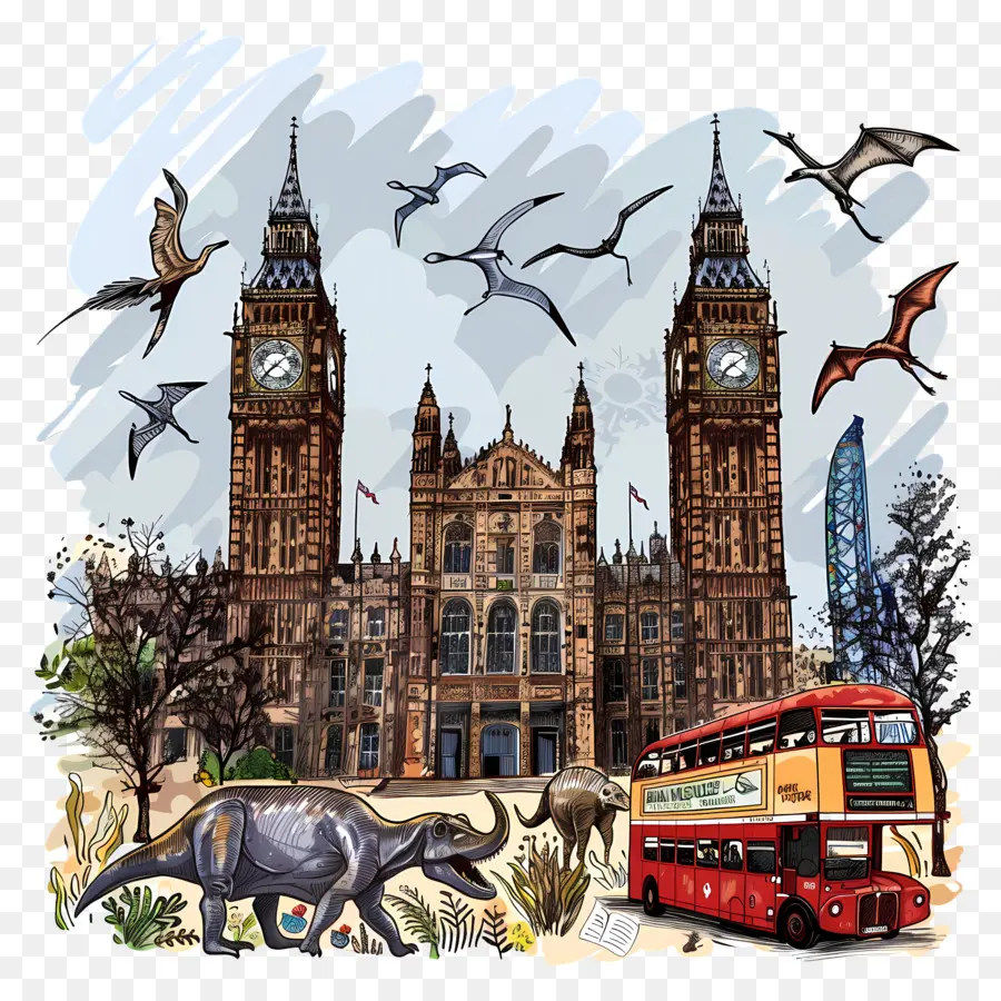 London Natural History Museum di grandi edifici Torre Torre Dome Torre - Edificio alto con torre dell'orologio, uccelli che volano
