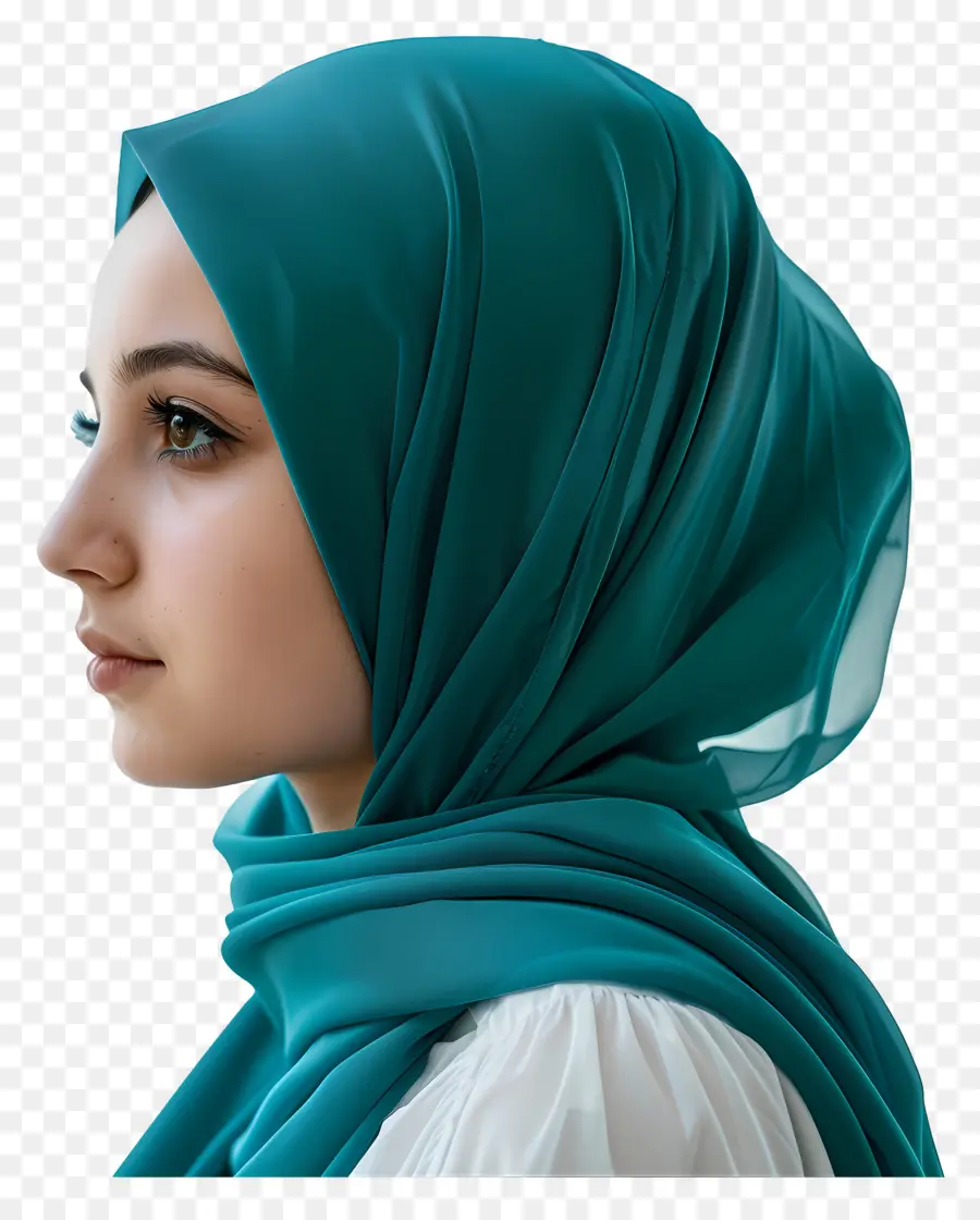 la cultura islamica - Donna in hijab blu, sfondo nero, guardando in basso