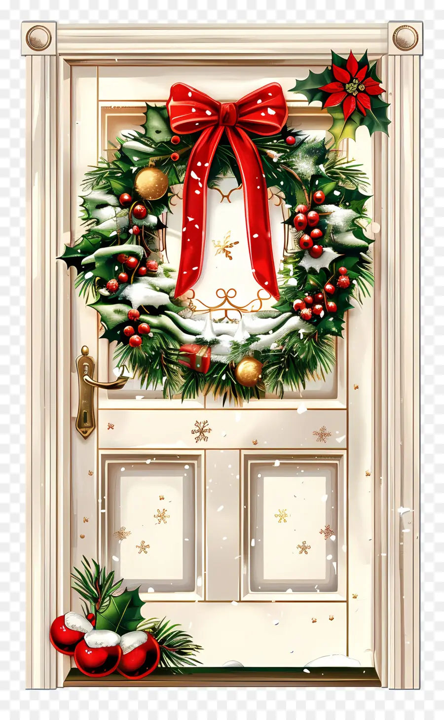 Weihnachtsdekoration - Festliche weiße Tür mit Weihnachtsdekorationen, Schnee