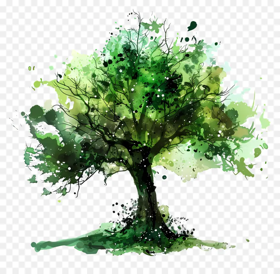 grüner Baum - Aquarellbaum auf schwarzem Hintergrund