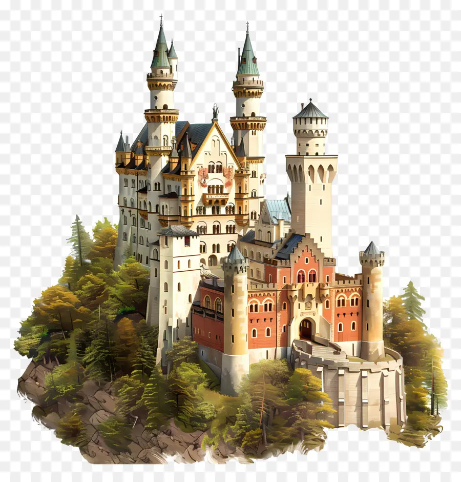 Hohenschwangau Schloss Castle Countryside Towers Bäume - Landschloss mit Türmen, grüner Rasen, Garten