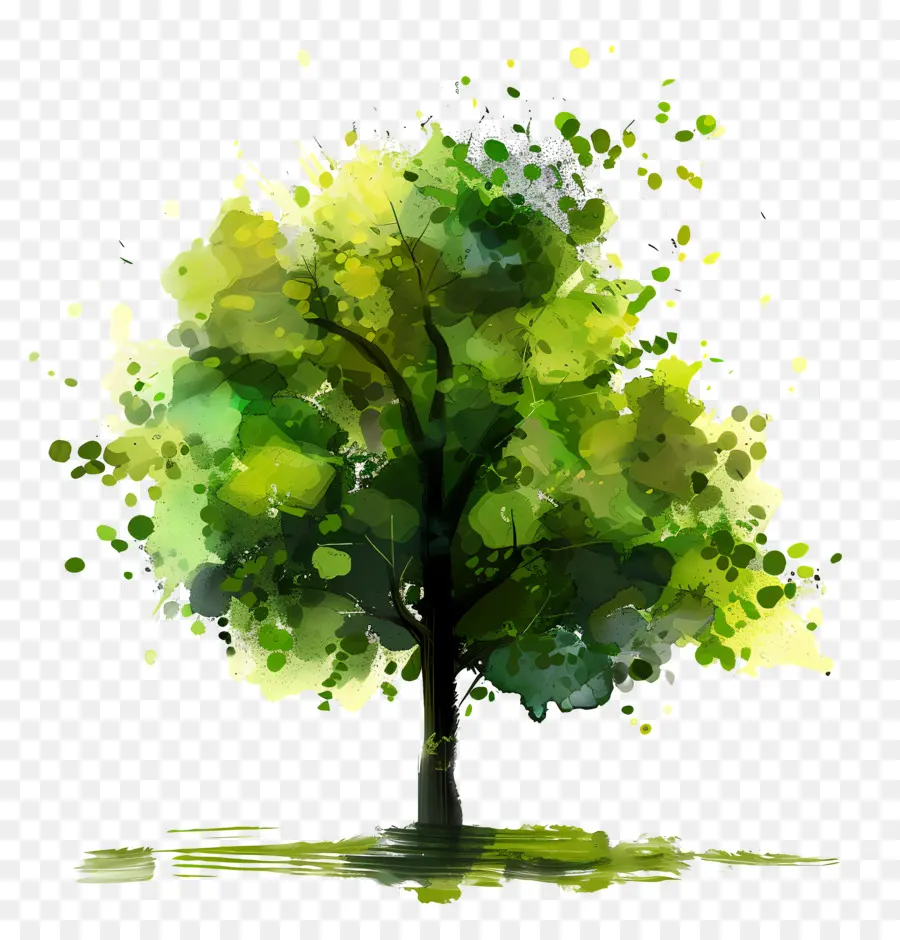 albero verde - Albero ad acquerello con foglie verdi su sfondo nero
