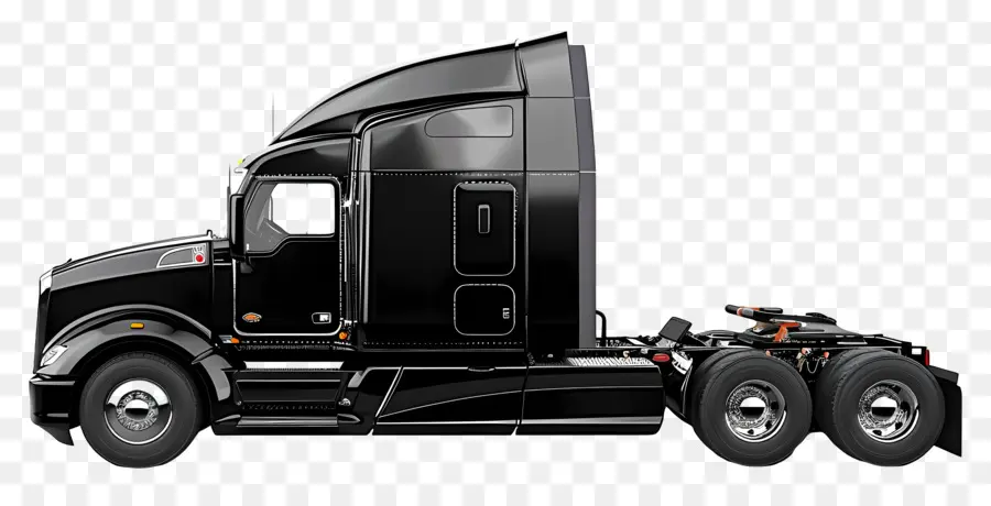 Vista laterale del camion semi -camion design aerodinamico luci del portellone - Elegante camion semi nero in movimento