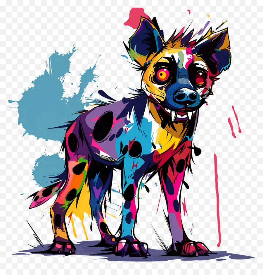 Hyänen farbenfrohes Gemälde lebendige Farben geketteter Hund Künstlerisch Ausdruck - Buntes Hundemalerei auf schwarzem Hintergrund