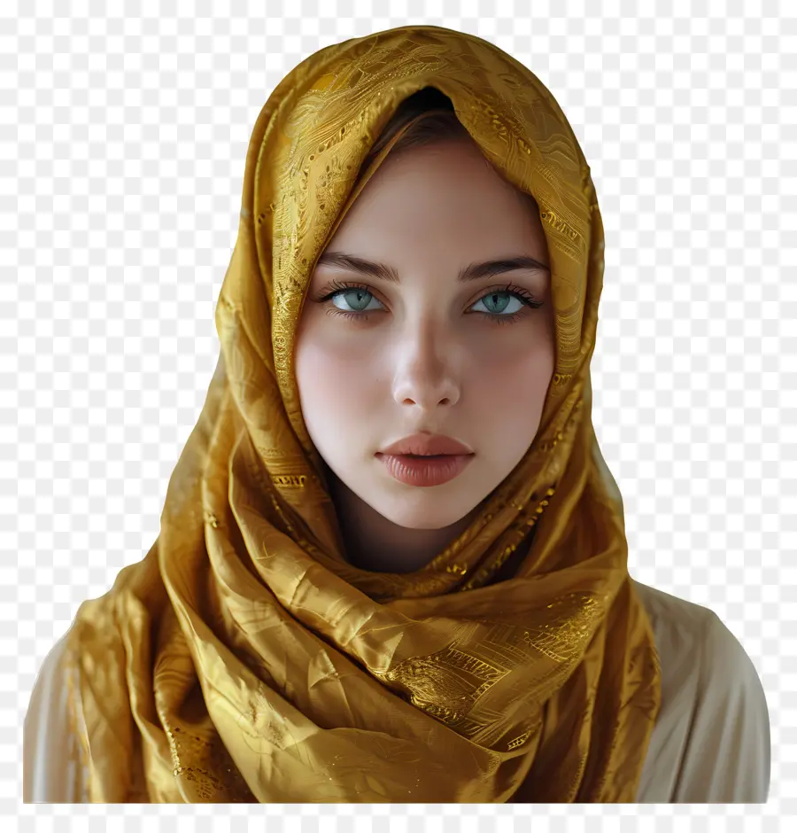 Hijab - Frau im Gold Hijab, blaue Augen, ernst