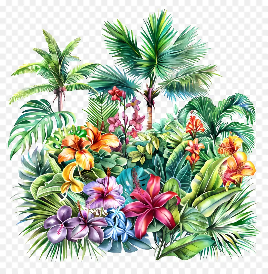Palmen - Farbenfrohe lebendige Dschungellandschaft mit üppigen Details