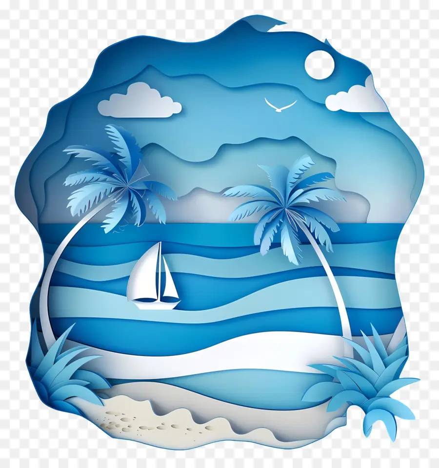 palme - Scena realistica della spiaggia con barca a vela, palme